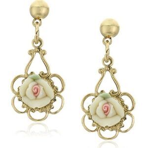1928 Yellow Gold and Porcelain Ivory Rose Dangling Post Back Earrings